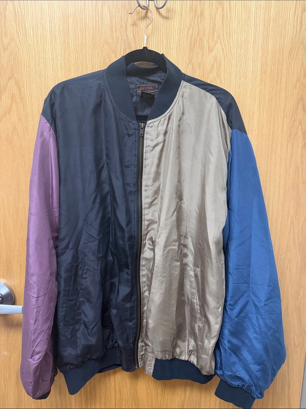 Vintage Retro 80s John Blair 100% Silk Bomber Jacket in Black, Tan, Blue & Purpl